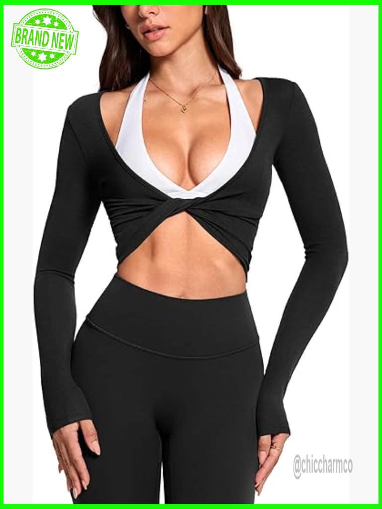 Long Sleeve Knot Top Twist Front Cropped Active Ribbed T-Shirt